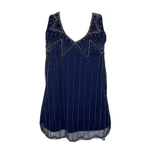 BKE Buckle Boutique Tank Shirt Womens XS Navy V-Neck Beaded Sheer Lined Tank Top